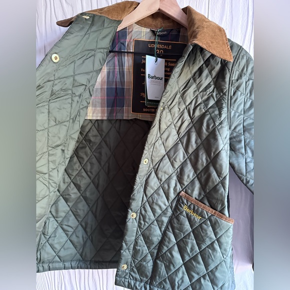 Barbour Olive Quilted Puffer Coat with Brown Trim - Picture 10 of 13